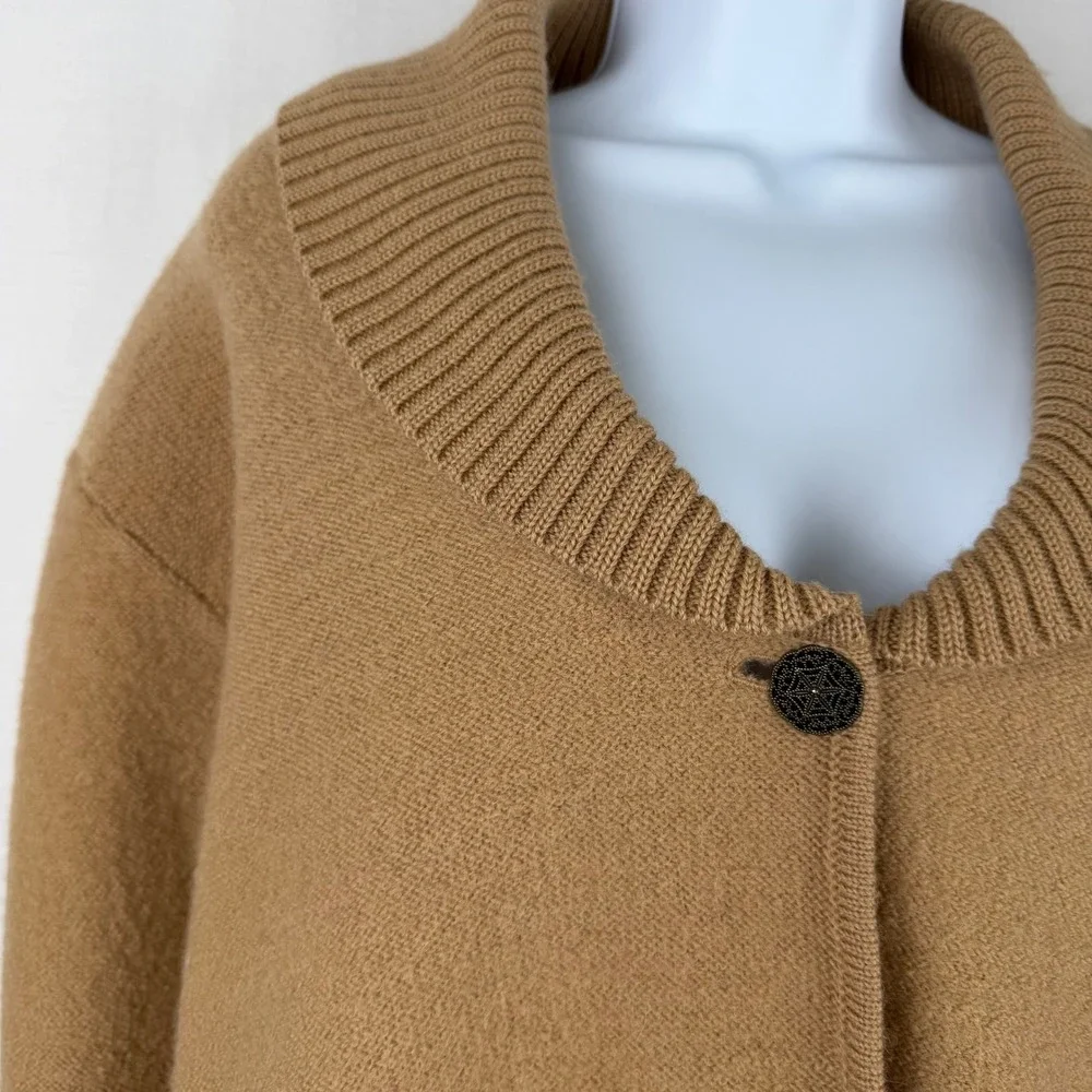 Karen Scott Womens Medium 100% Wool Cardigan Camel Tan Shawl Collar Long Sweater